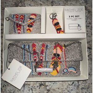 Rachel Zoe 3 Piece Beaded Ski Snowboard Snow Clutch Set Card Case Charm NWT